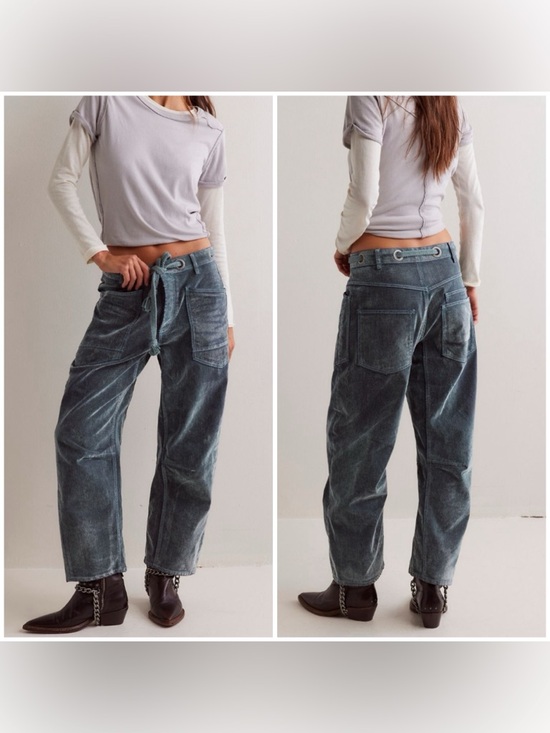 Free People Denim - NWOT Free People We The Free Moxie Flocked Pull-On Barrel Jeans green blue 31 IR